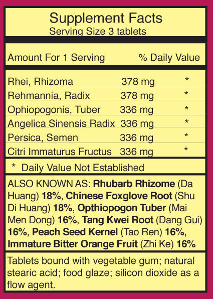 bottle of Dr. Shen's Rhubarb Supplement Facts and ingredients list