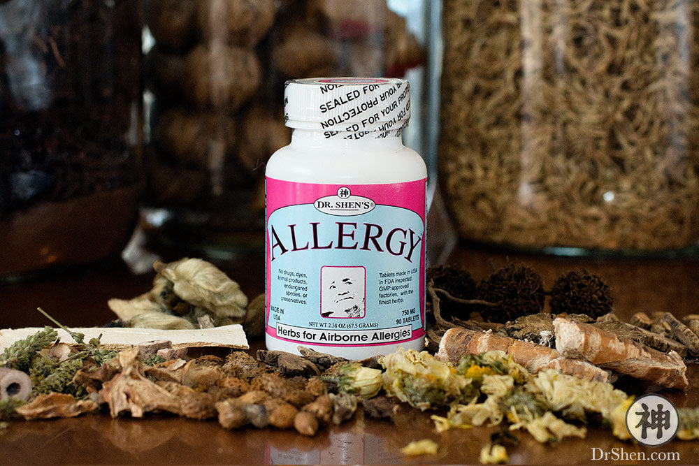 Dr. Shen's Allergy pill bottle on Chinese herbs