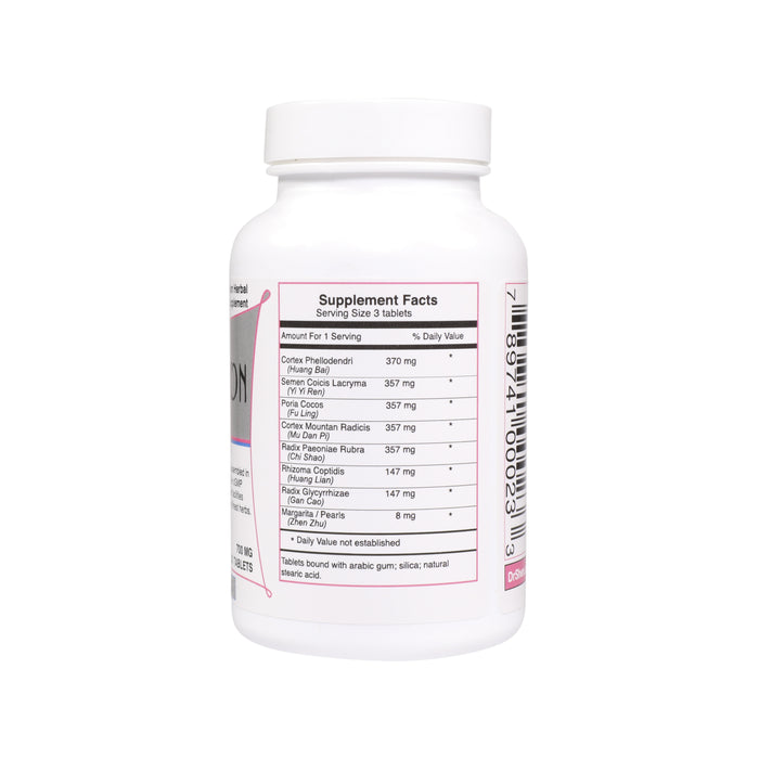 Bottle Side View Supplement Facts of Dr. Shen's Complexion Pills: Herbs for the Skin 150 tablets 700 mg