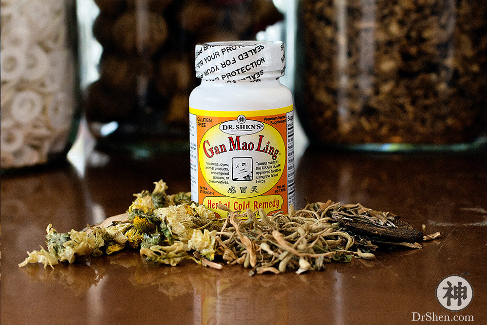 bottle of Dr. Shen's Gan Mao Ling herbal cold remedy on Chinese herbs