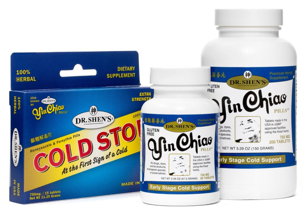 photo of box of Dr. Shen's Cold Stop, small and large bottles of Yin Chiao pills