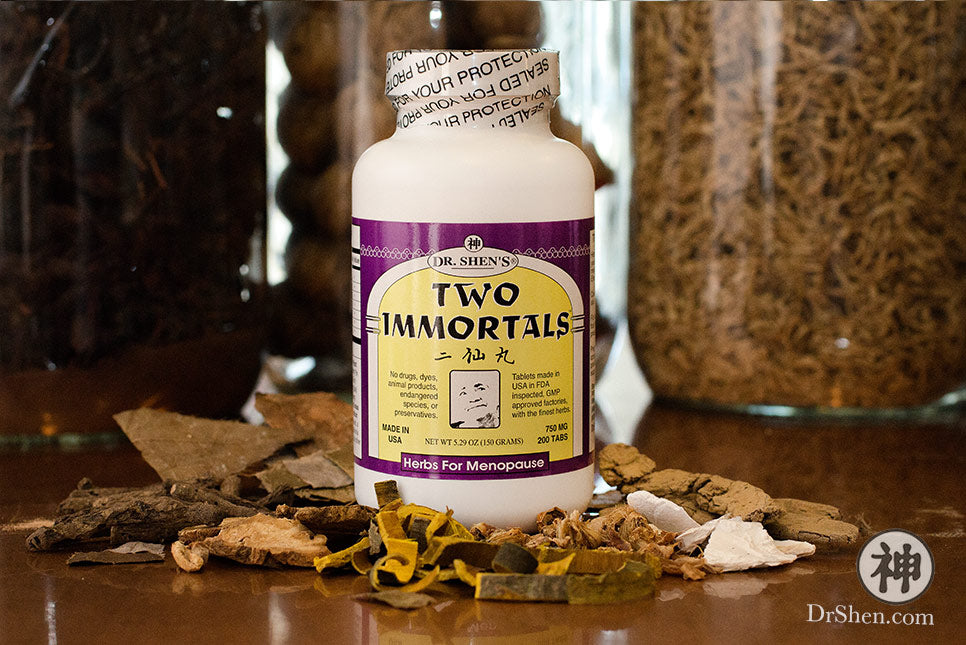 bottle of Dr. Shen's Two Immortals pills on Chinese herbs