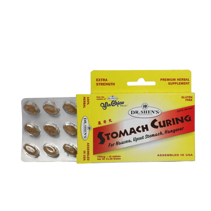 photo of a box and tablets of Dr. Shen's Stomach Curing pills, 15 tablets size